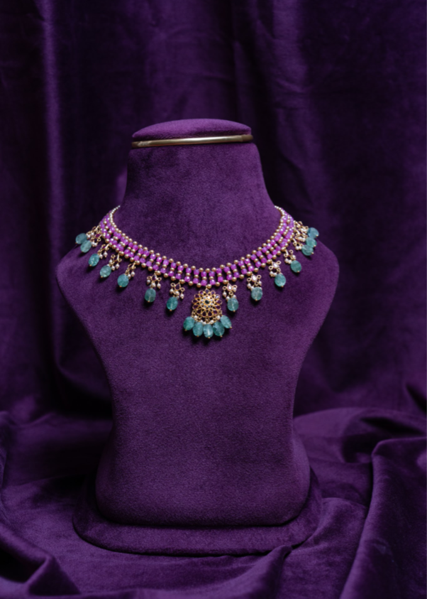 Zircon Beaded Nitting Gemstone Kempu Emerald Ovel Drop Necklace Made With Precious South Sea Pearls & Russian Emerald With CZ/Polkis