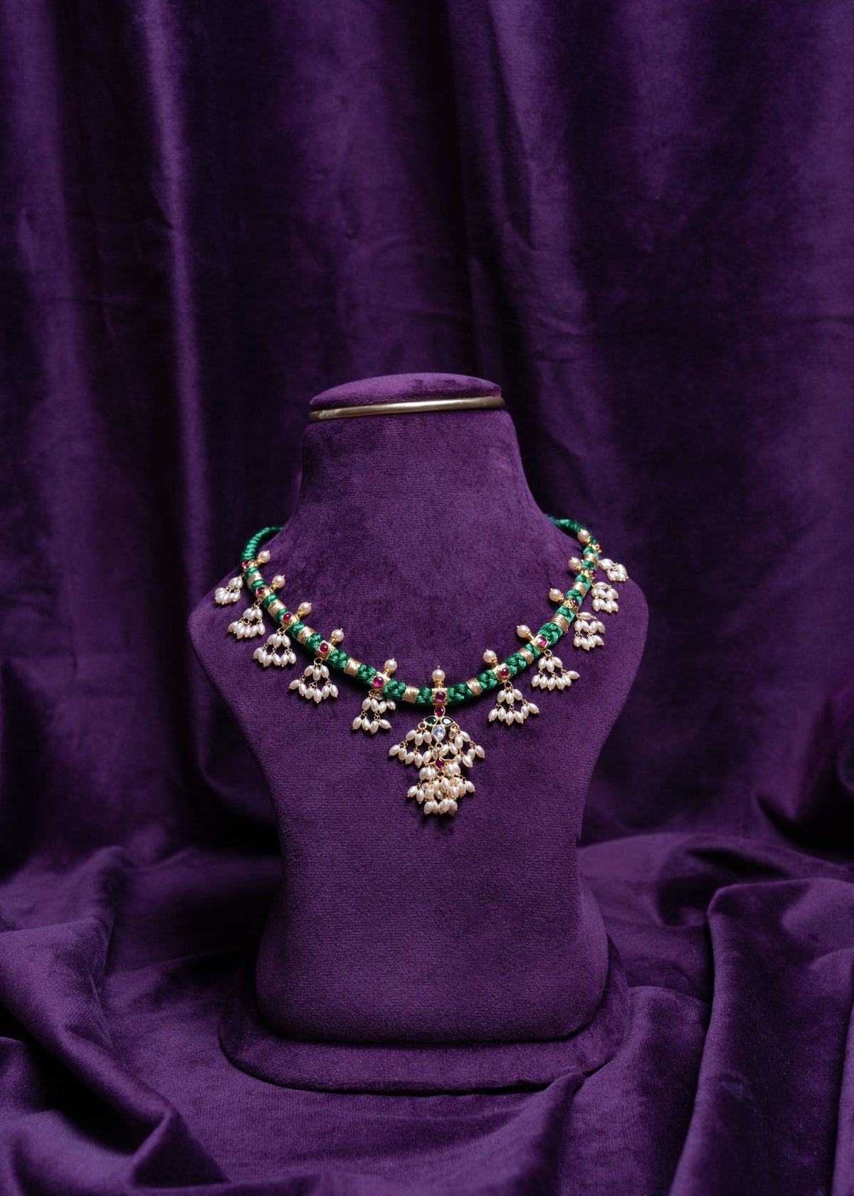 Guttapusalu Twisted Silk Green Tread Parrot Kundan Necklace