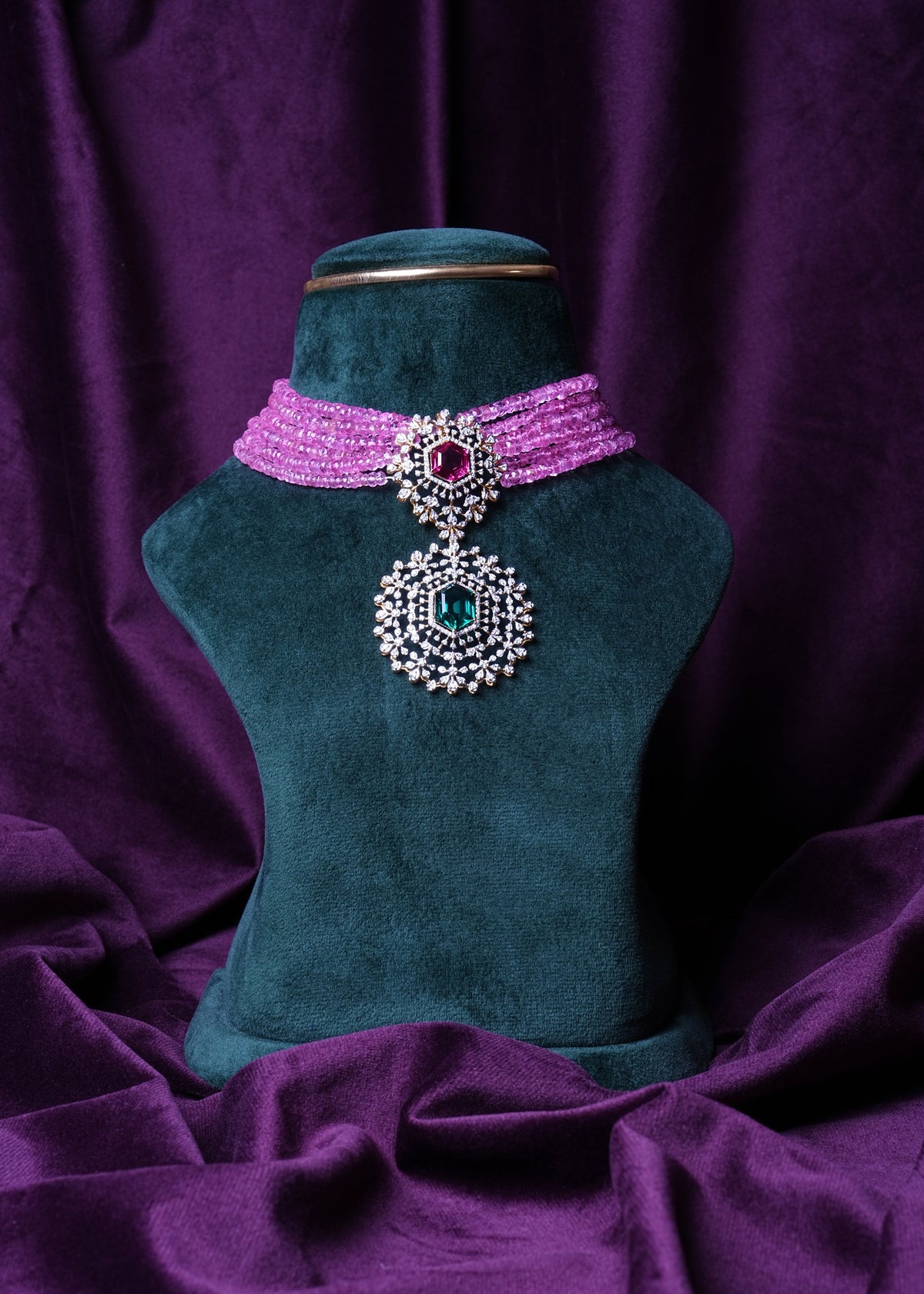Lab Grown Diamond Multi-Strand Six-Layer Pink Tourmalines Hydro Choker with Medallion 2-Tier Pendant