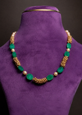 Oval Russian Emerald Floral Beads With Gold Ghungroo Necklace