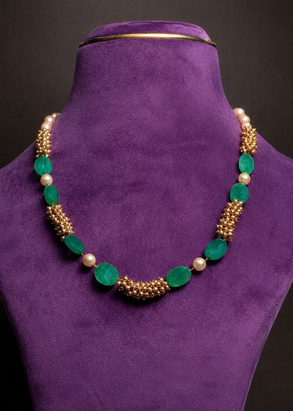 Oval Russian Emerald Floral Beads With Gold Ghungroo Necklace