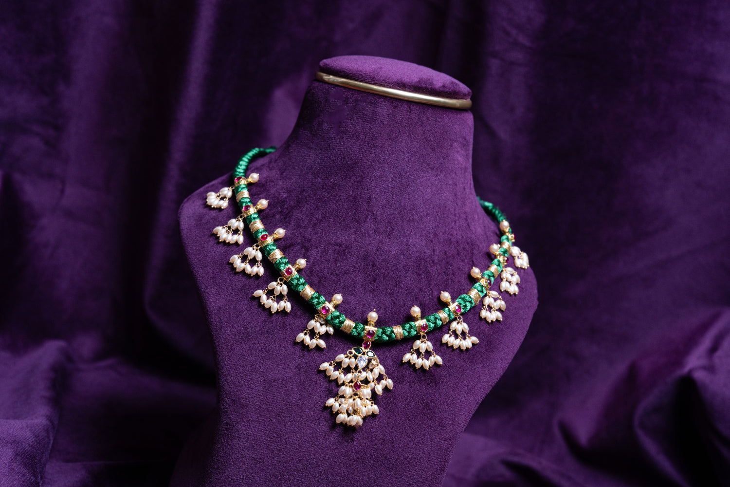 Guttapusalu Twisted Silk Green Tread Parrot Kundan Necklace