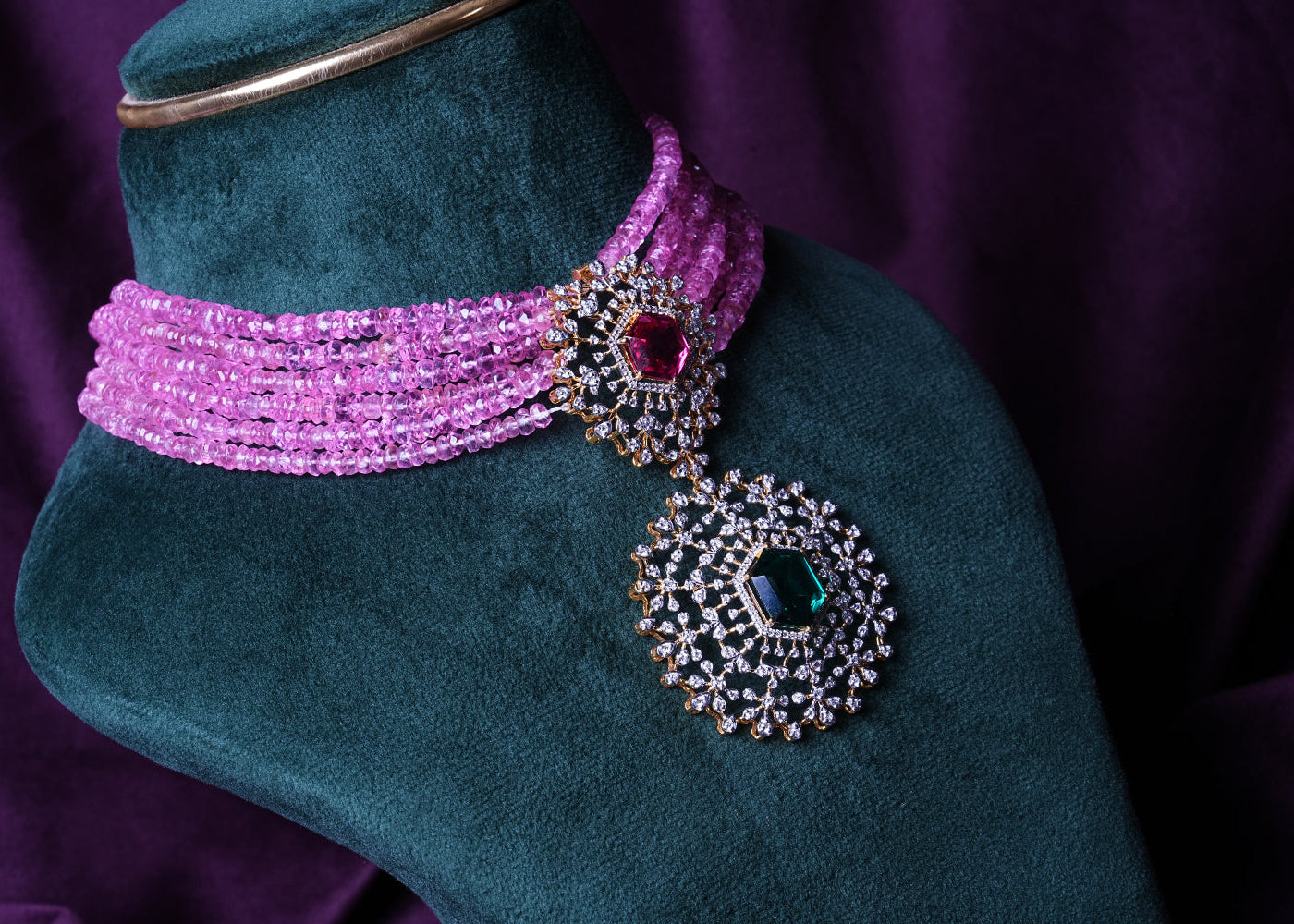 Lab Grown Diamond Multi-Strand Six-Layer Pink Tourmalines Hydro Choker with Medallion 2-Tier Pendant