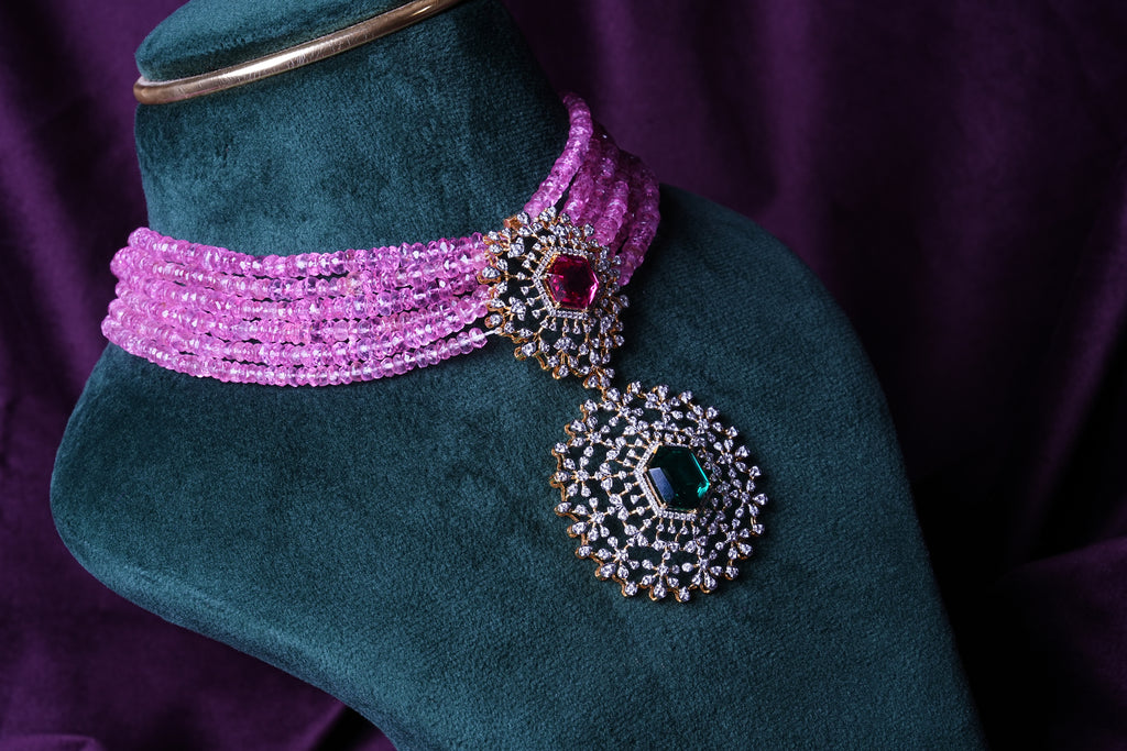 Lab Grown Diamond Multi-Strand Six-Layer Pink Tourmalines Hydro Choker with Medallion 2-Tier Pendant