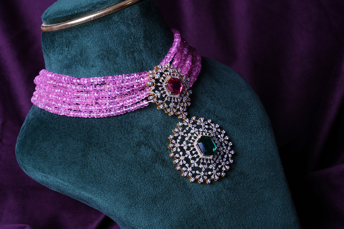 Lab Grown Diamond Multi-Strand Six-Layer Pink Tourmalines Hydro Choker with Medallion 2-Tier Pendant