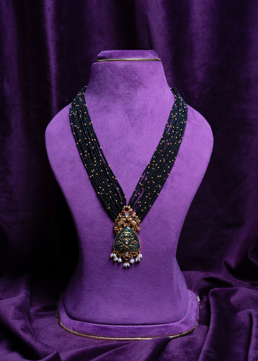Precious Gold Pearls & Black Spinel Beads With Jade Stone & Meenakari Guttapusalu Style Pendant