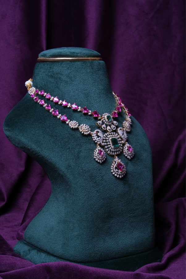 Ruby Pink Hydro Emerald Grand Peacock Lab Grown Diamond Necklace