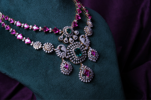 Ruby Pink Hydro Emerald Grand Peacock Lab Grown Diamond Necklace