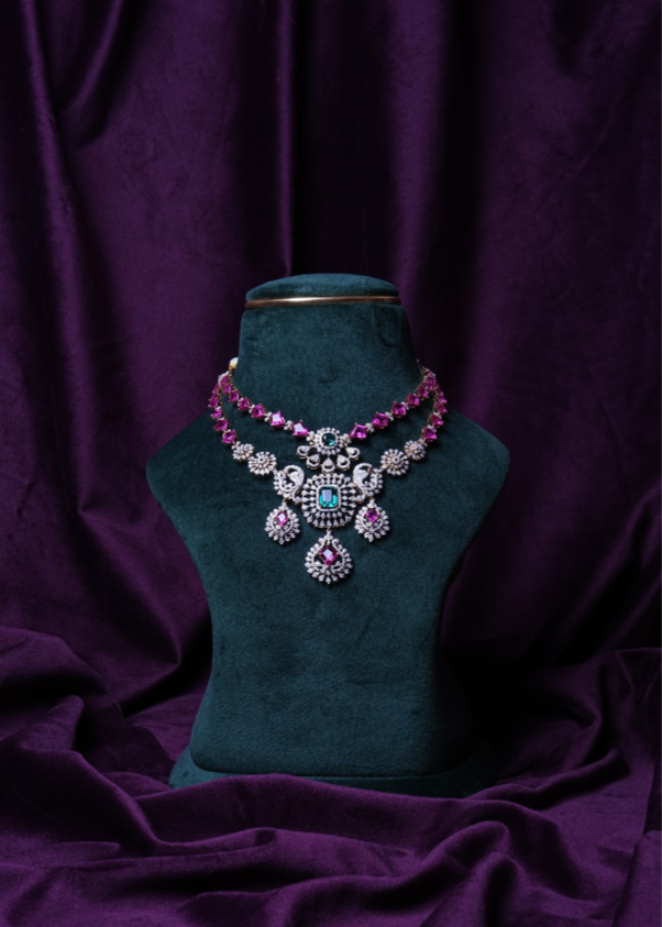 Ruby Pink Hydro Emerald Grand Peacock Lab Grown Diamond Necklace