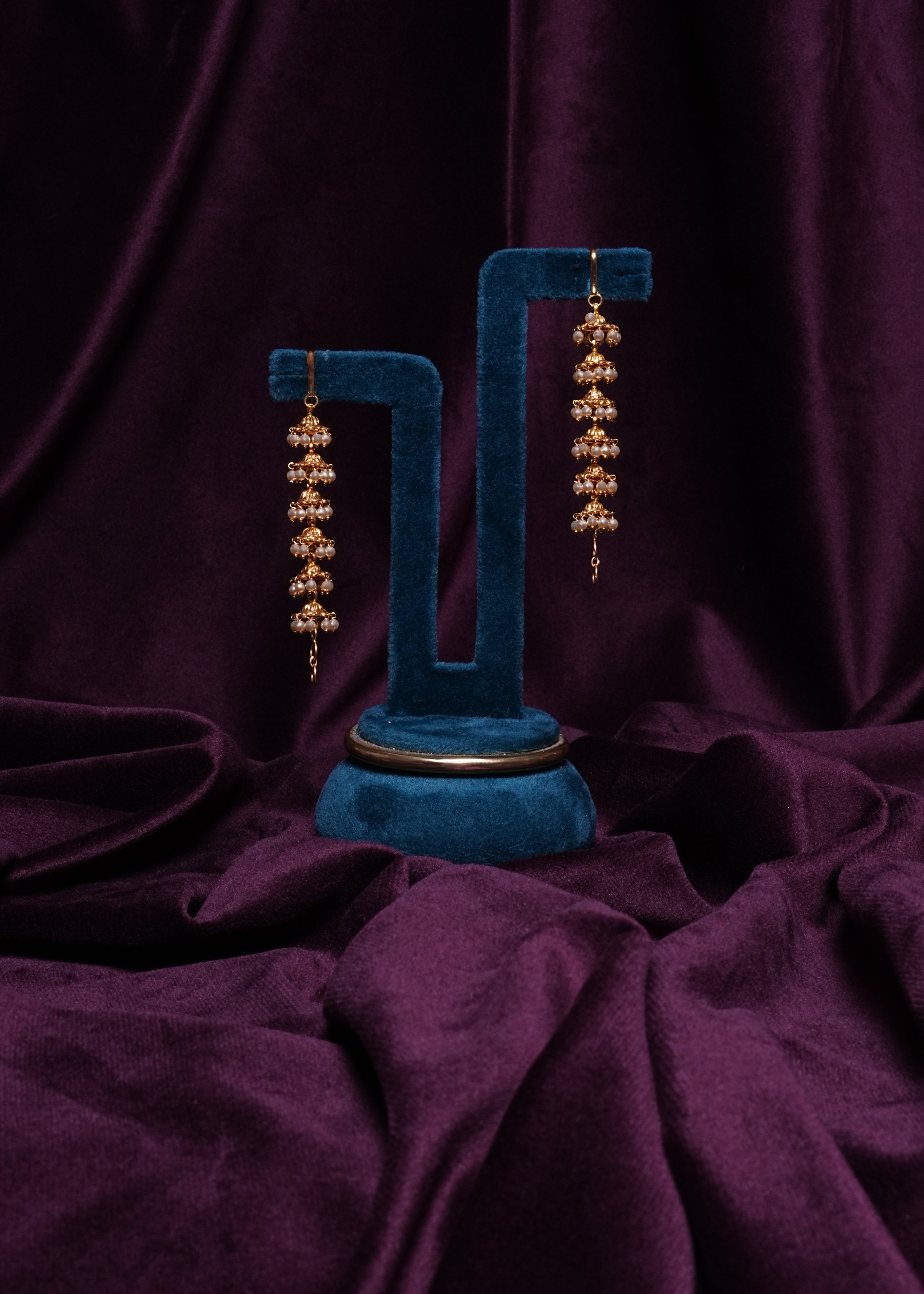 Five-Tier Linear Step Jhumka with Integral Multi-Strand Pearl Champaswaralu