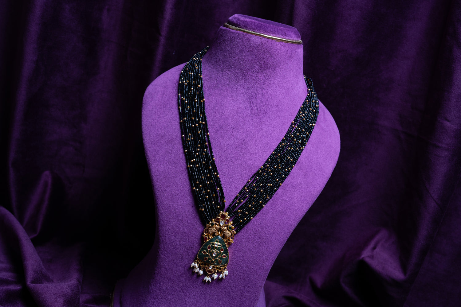 Precious Gold Pearls & Black Spinel Beads With Jade Stone & Meenakari Guttapusalu Style Pendant