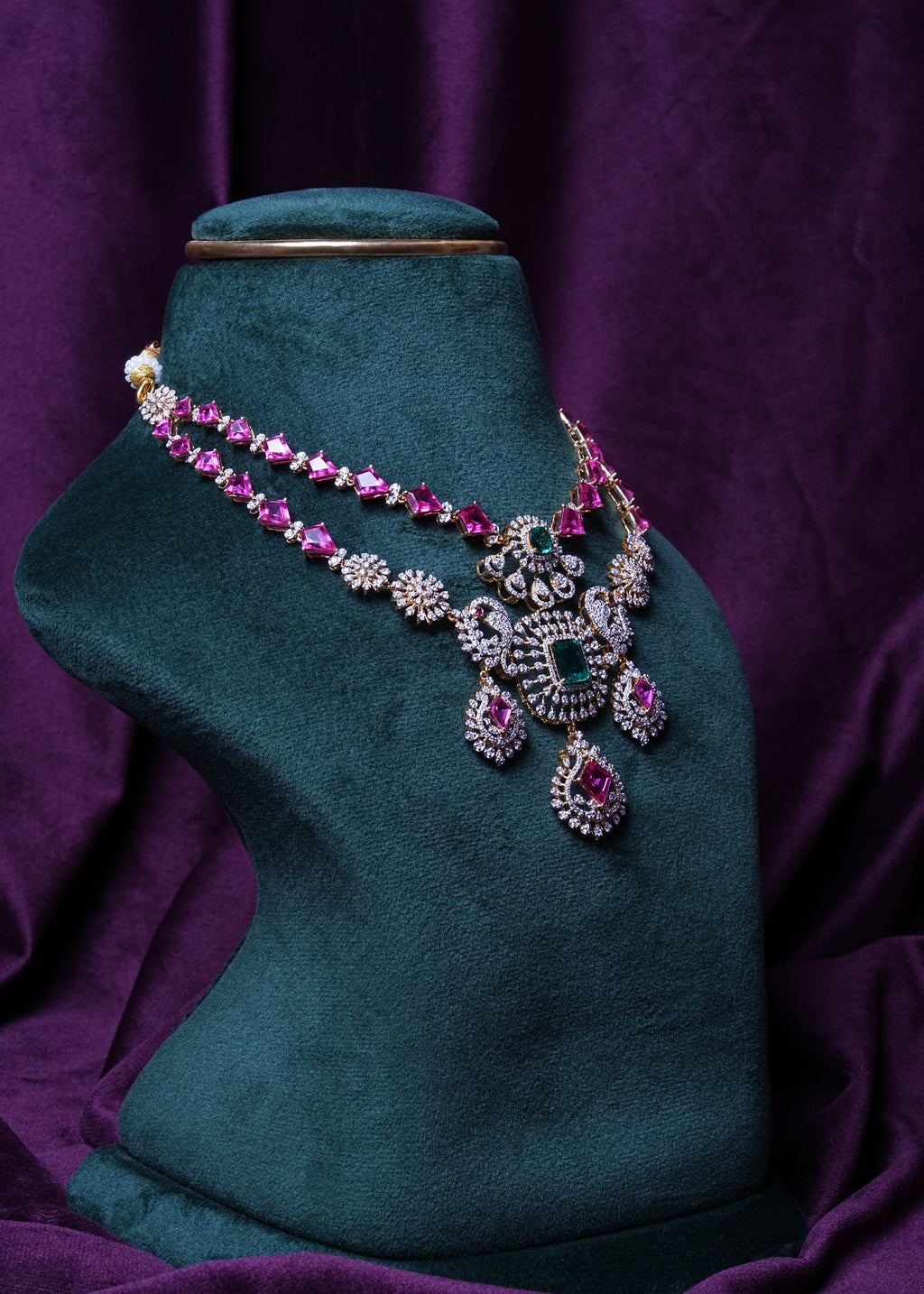 Ruby Pink Hydro Emerald Grand Peacock Lab Grown Diamond Necklace