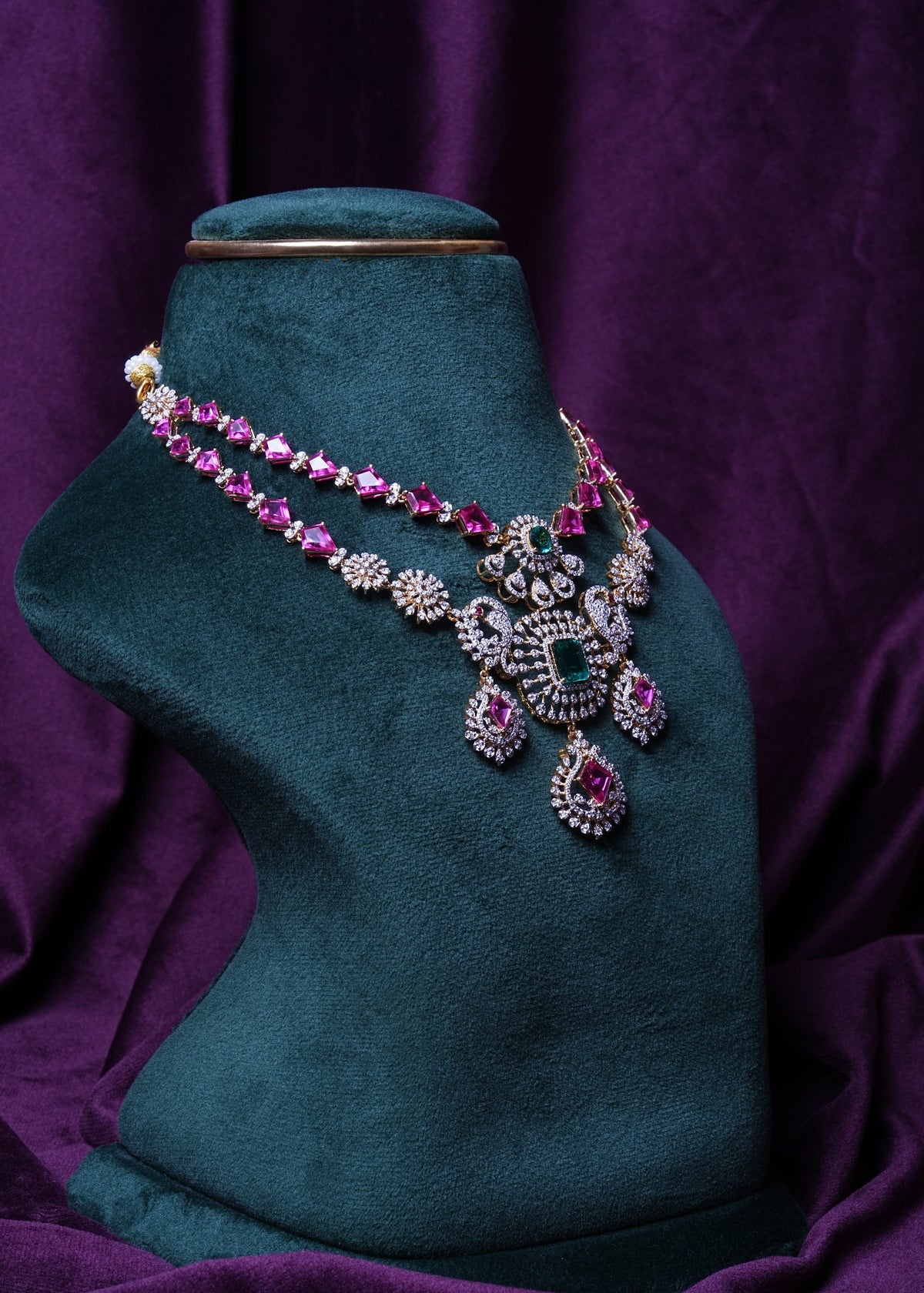 Ruby Pink Hydro Emerald Grand Peacock Lab Grown Diamond Necklace