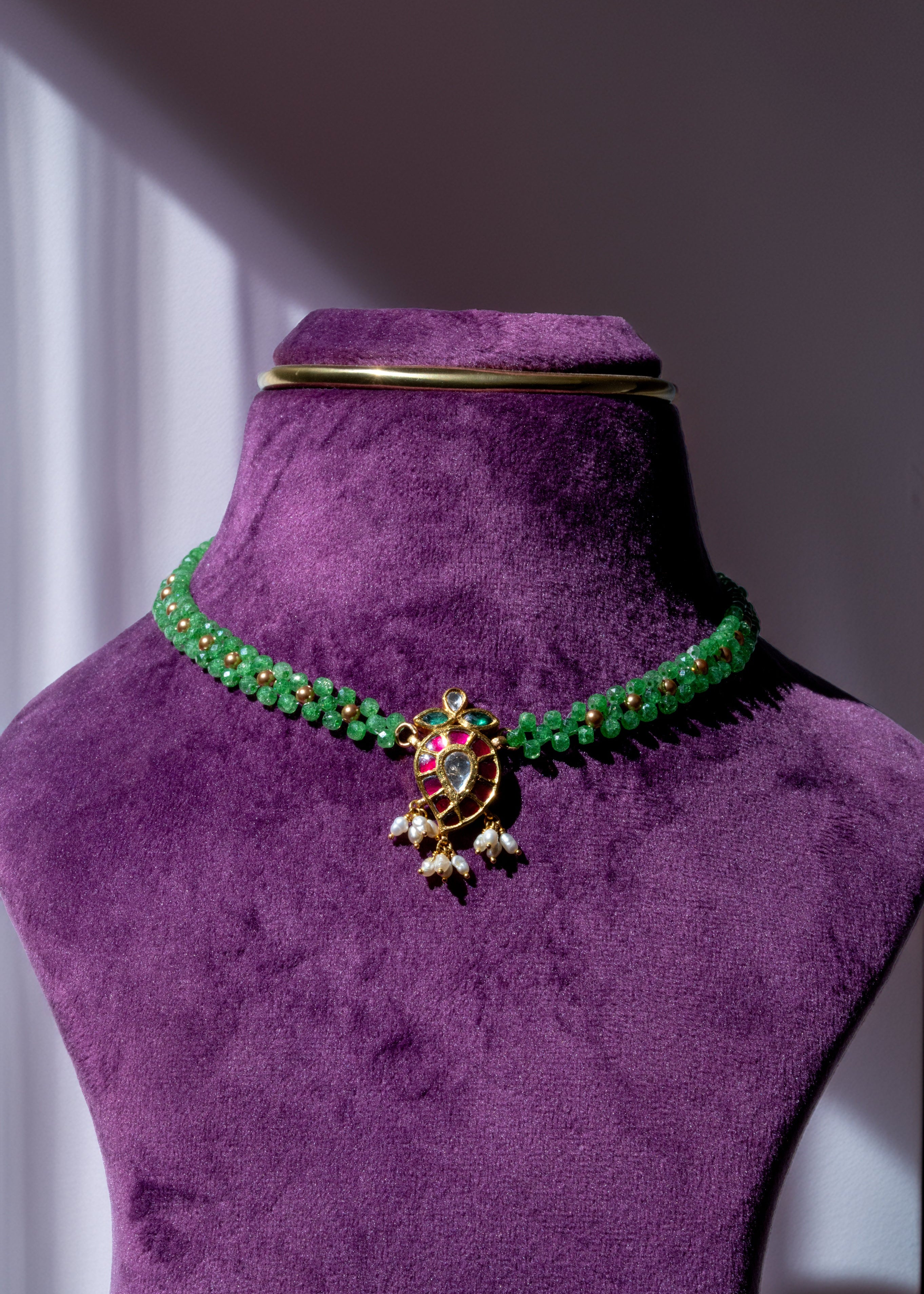 Zircon Russian Green Beads and Gold Pearls Kundan Mango With GUttapusalu Pendant