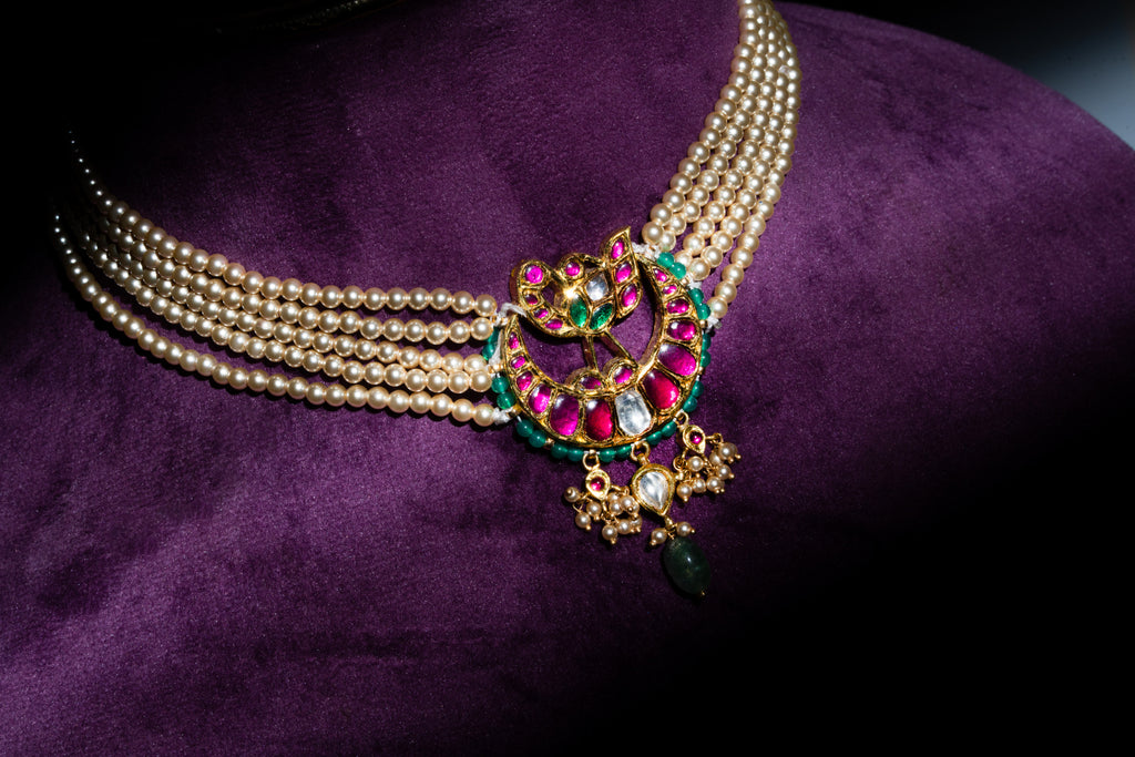 Heritage Jadau Kundan Crescent Moon and South Sea Pearl Guttapusalu Chandbali Choker
