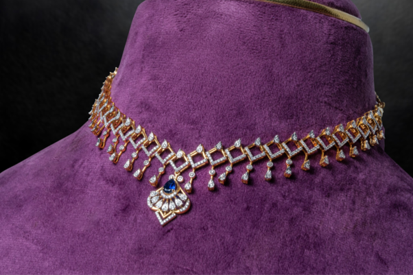 Lab Grown Diamond-Shaped Mesh and Pear-Cut Sapphire Blue Stone Art Deco Fan Pendant Necklace