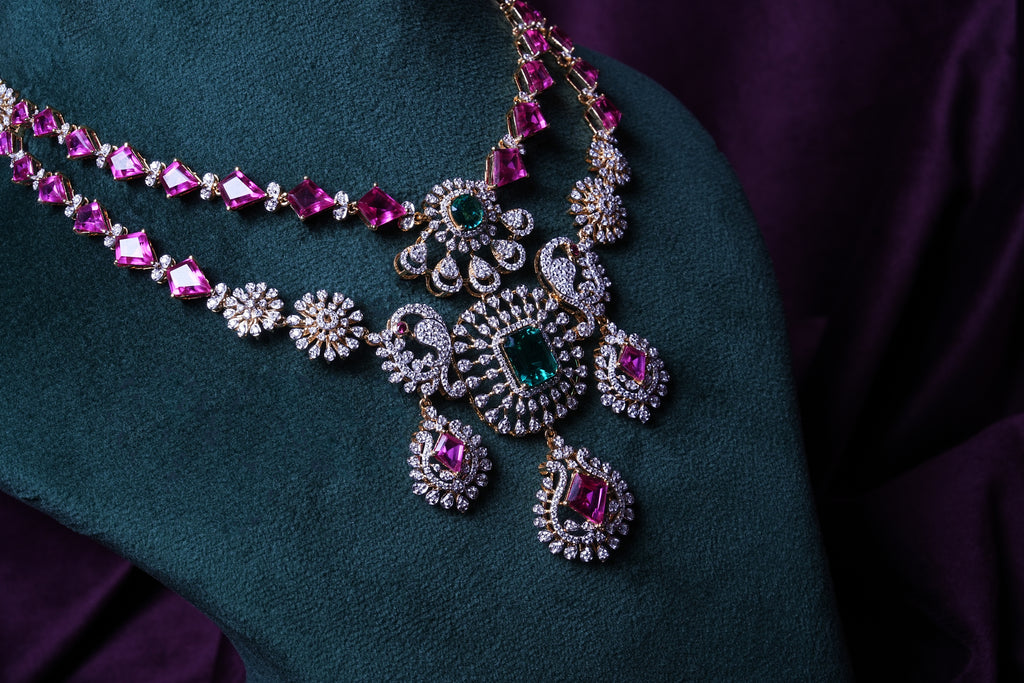 Ruby Pink Hydro Emerald Grand Peacock Lab Grown Diamond Necklace