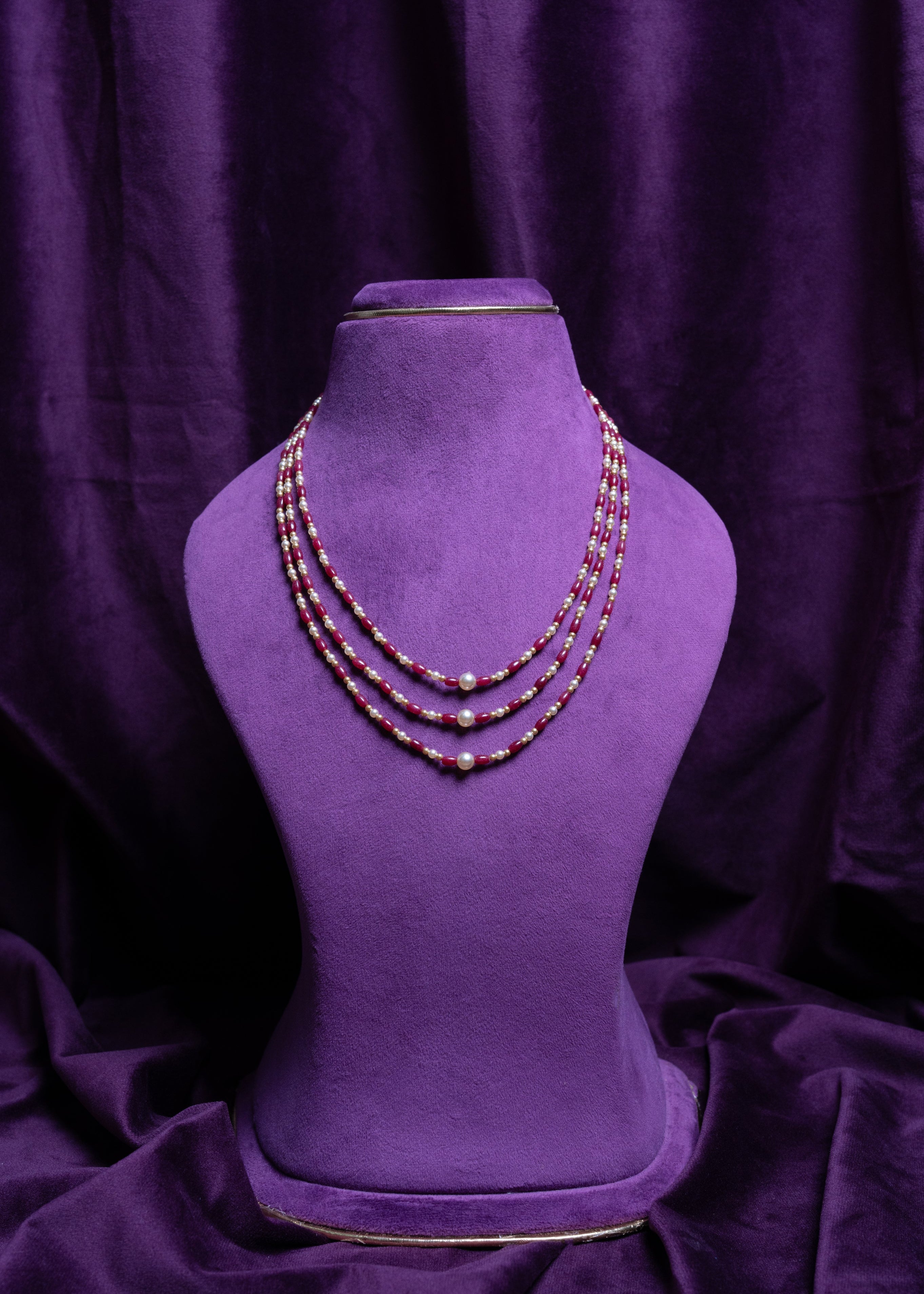 Three-Layer Capsule-Cut Rubys & Focal South Sea Cultured Pearls With Gold Pearls Haram