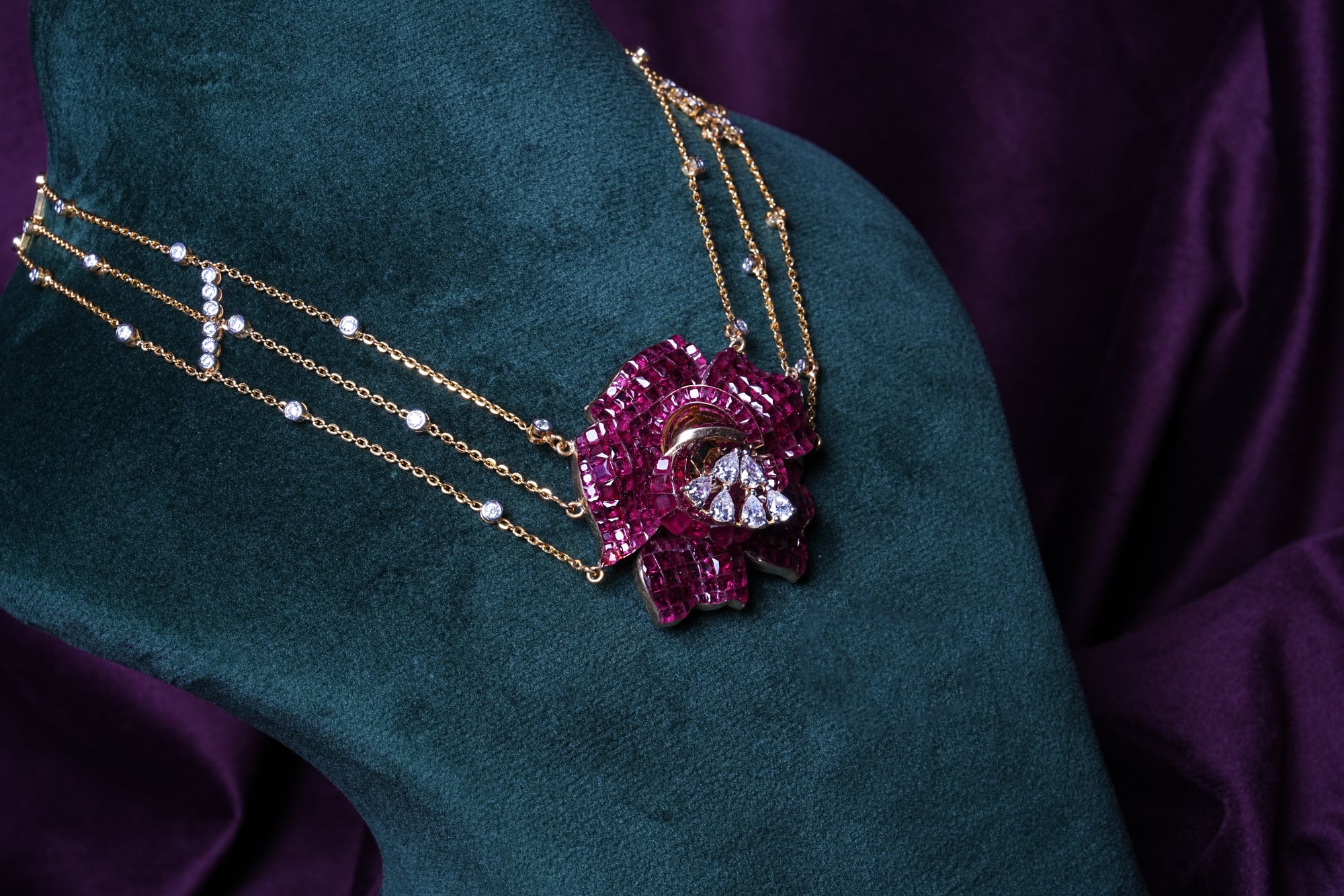 Ruby Rose Three- Layer Gold Chain With 3D Floral Pendant Necklace