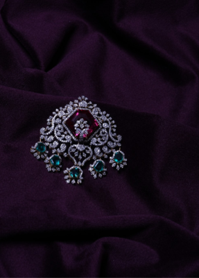 Lab Grown Diamond Emerald Drop Shield-Cut With Pink Ruby Mughal Filigree Crown Pendant