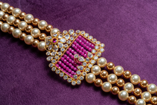 Three-Layer Asymmetrical Pink Sapphier Side Brooch and South Sea Pearls With Gold Pearls
