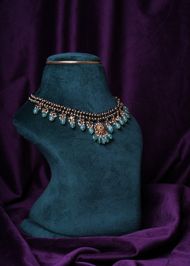 Zircon Beaded Knitting Gemstone Kempu Emerald Oval Drop Necklace with South Sea Pearls, Russian Emeralds & CZ/Polkis