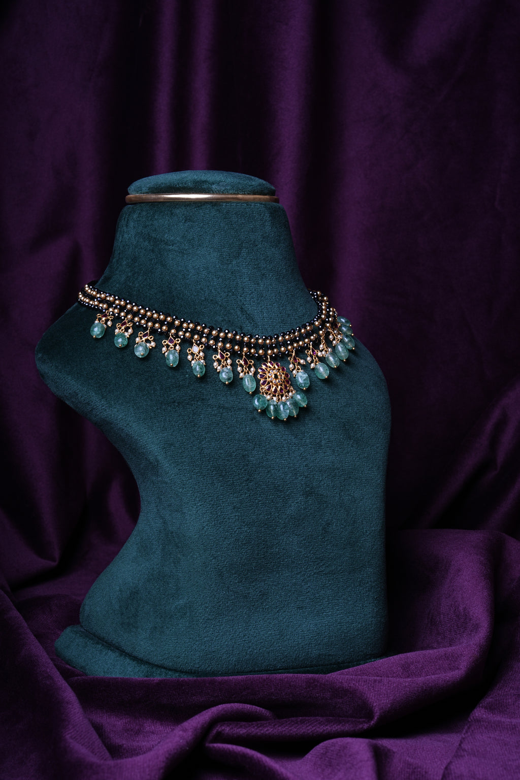 Zircon Beaded Netting Gemstone Kempu Emerald Oval Drop Necklace Made with Precious South Sea Pearls and Russian Emerald with CZ/Polkis