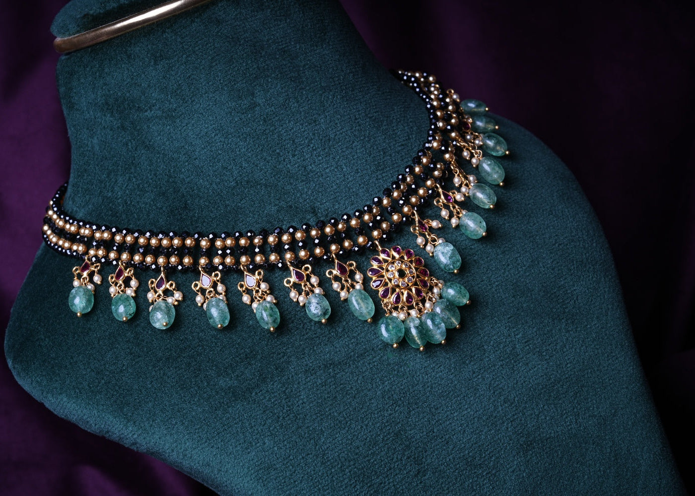 Zircon Beaded Knitting Gemstone Kempu Emerald Oval Drop Necklace with South Sea Pearls, Russian Emeralds & CZ/Polkis