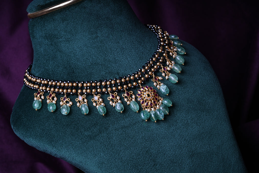 Zircon Beaded Netting Gemstone Kempu Emerald Oval Drop Necklace Made with Precious South Sea Pearls and Russian Emerald with CZ/Polkis