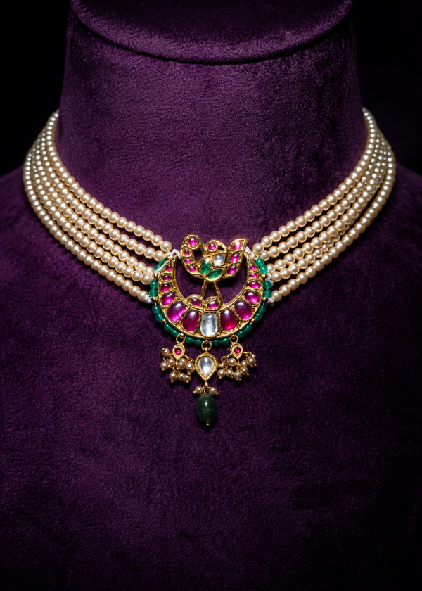 Heritage Jadau Kundan Crescent Moon and South Sea Pearl Guttapusalu Chandbali Choker