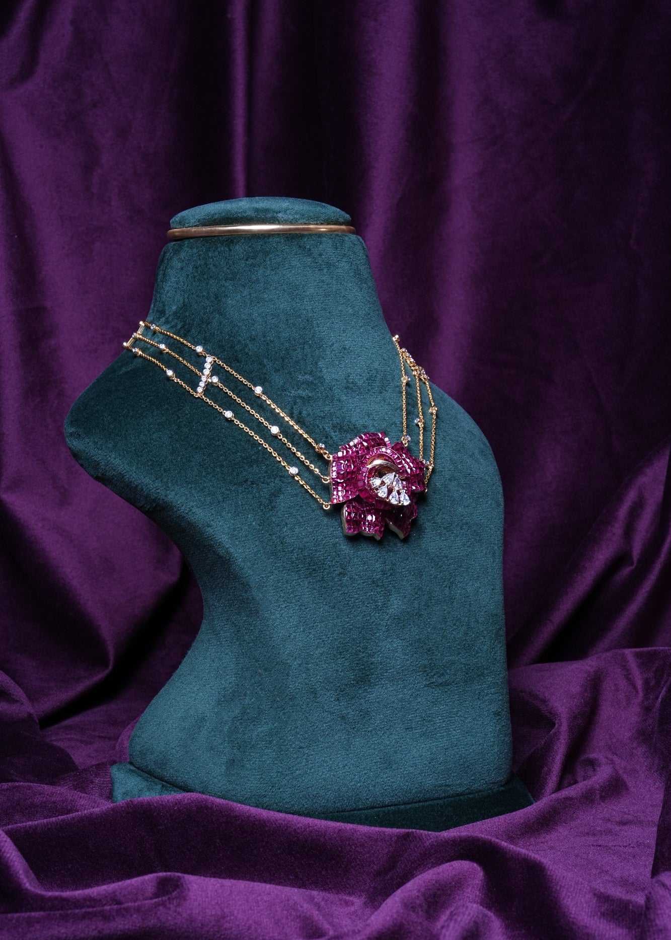 Ruby Rose Three- Layer Gold Chain With 3D Floral Pendant Necklace