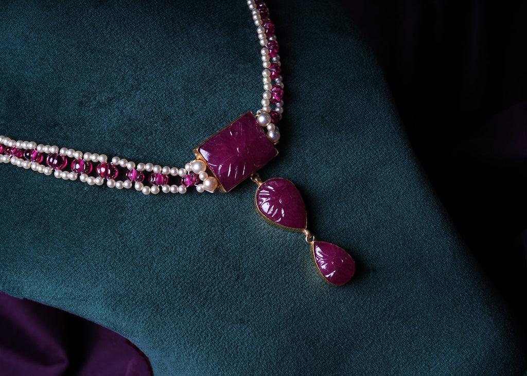 Three-Layer Kempu Floral Pumpkin Tear Drop Smooth Ruby Rondellas with South Sea Pearls Choker