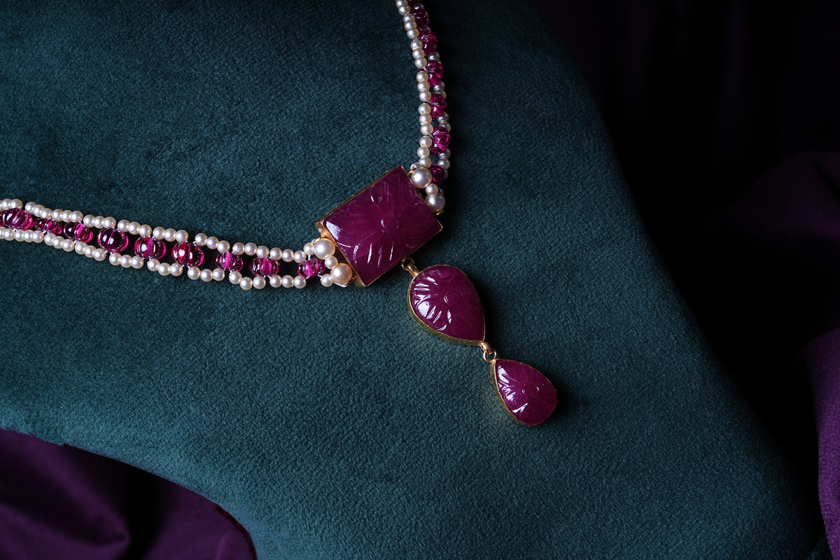 Three-Layer Kempu Floral Pumpkin Tear Drop Smooth Ruby Rondellas with South Sea Pearls Choker