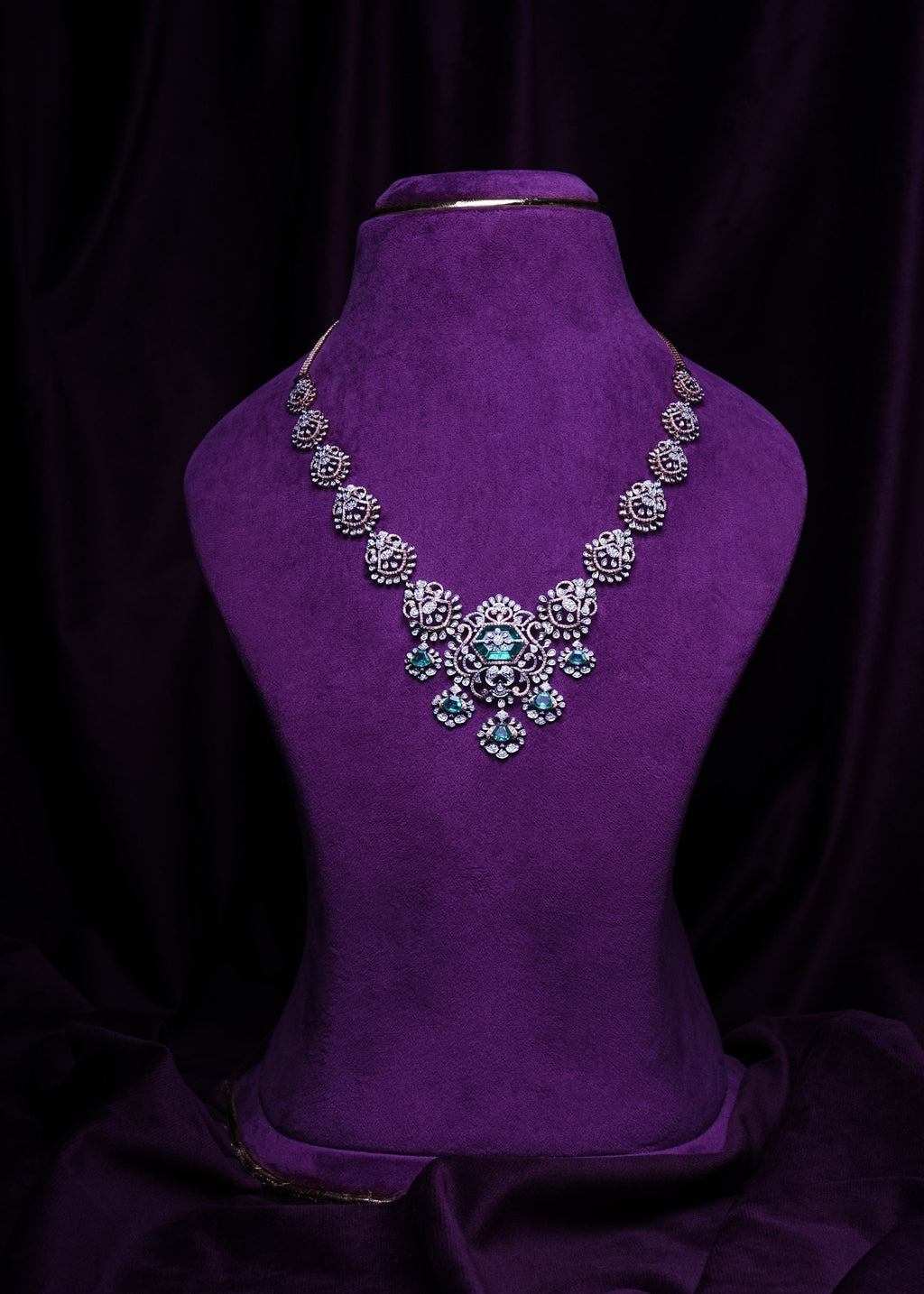Lab Grown Diamond Hexagonal Pink Tourmaline & Emerald Drop Statement Necklace