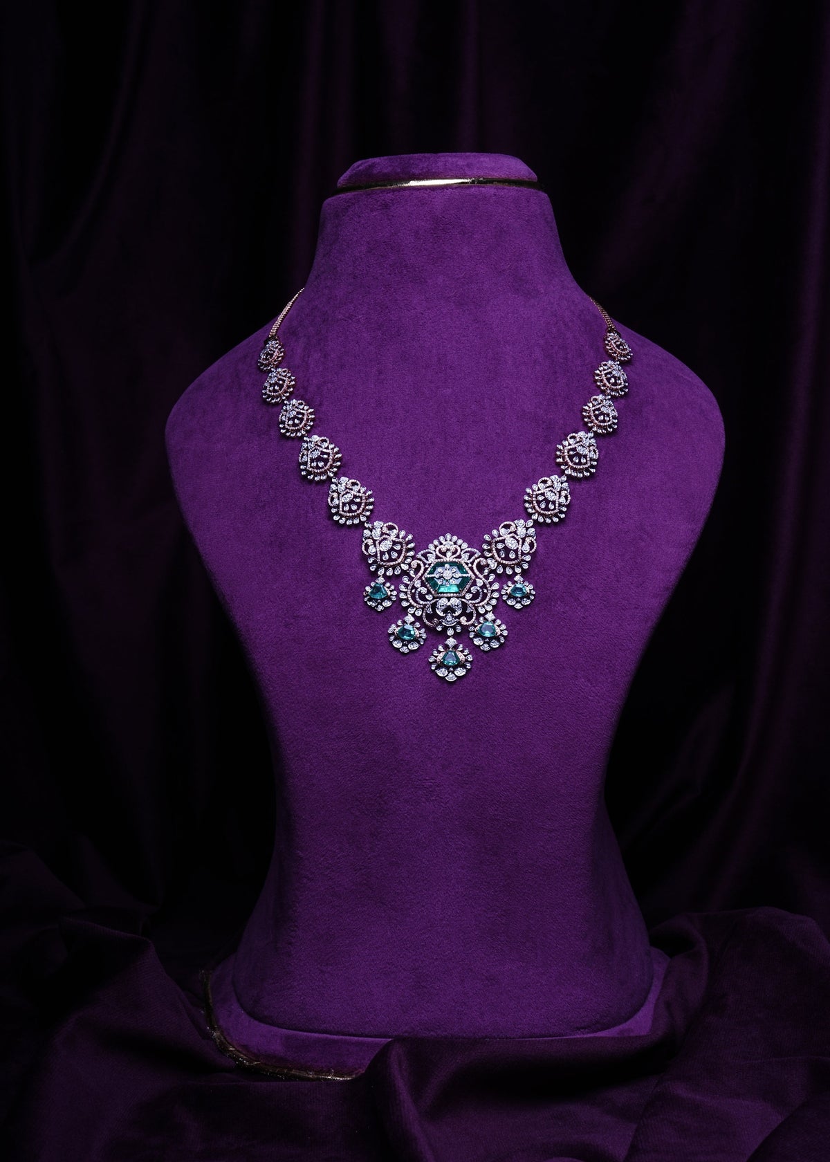 Lab Grown Diamond Hexagonal Pink Tourmaline & Emerald Drop Statement Necklace