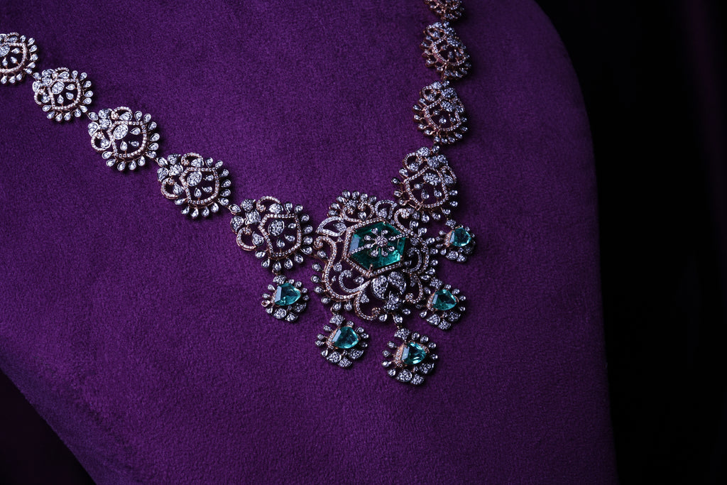 Lab Grown Diamond Hexagonal Pink Tourmaline & Emerald Drop Statement Necklace
