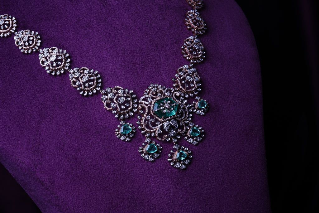 Lab Grown Diamond Hexagonal Pink Tourmaline & Emerald Drop Statement Necklace