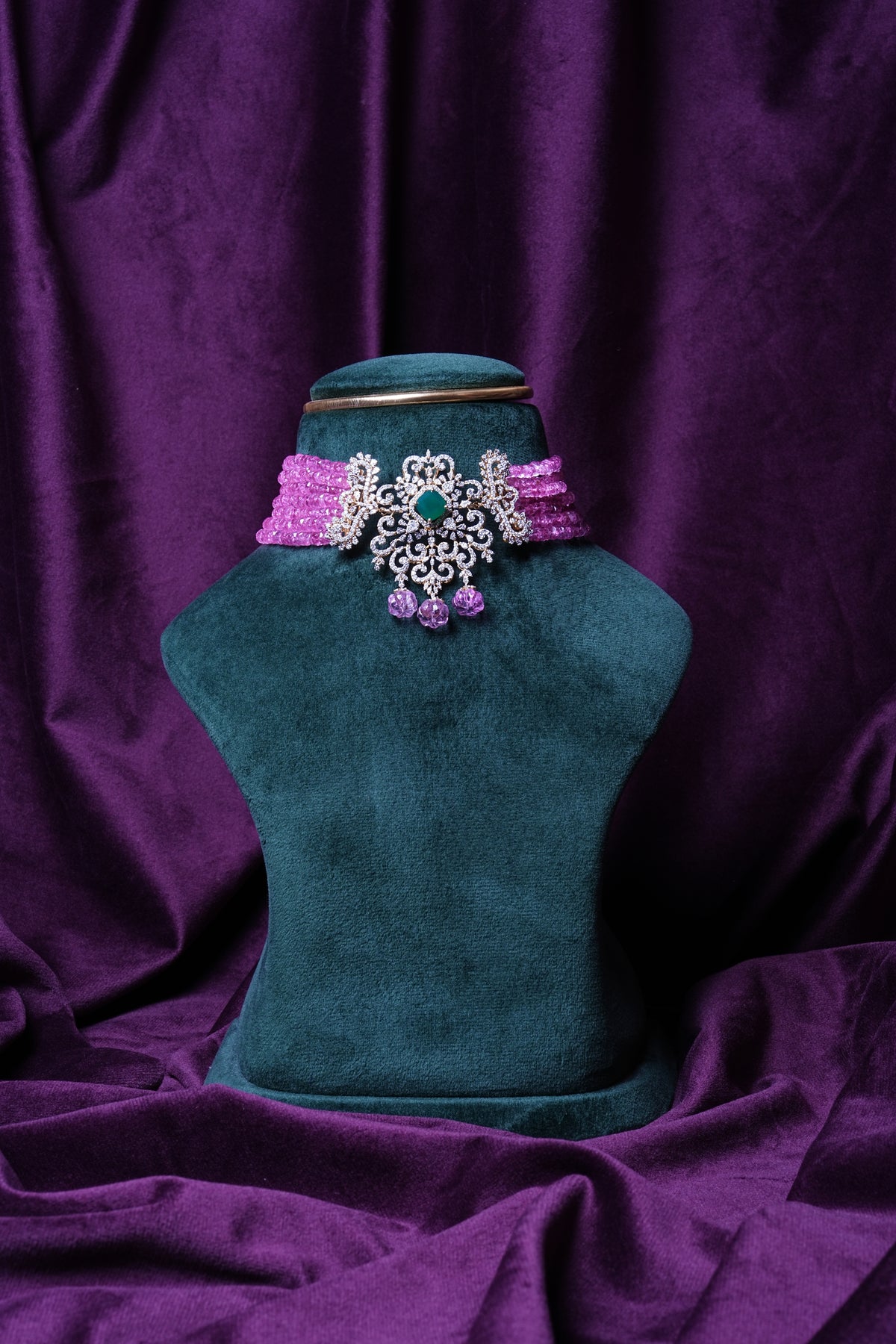 Lab Grown Diamond Changeable Stone Emerald and Ruby 3-in-1 Changeable Beads with Tanzanites & Pink Tourmaline Necklace