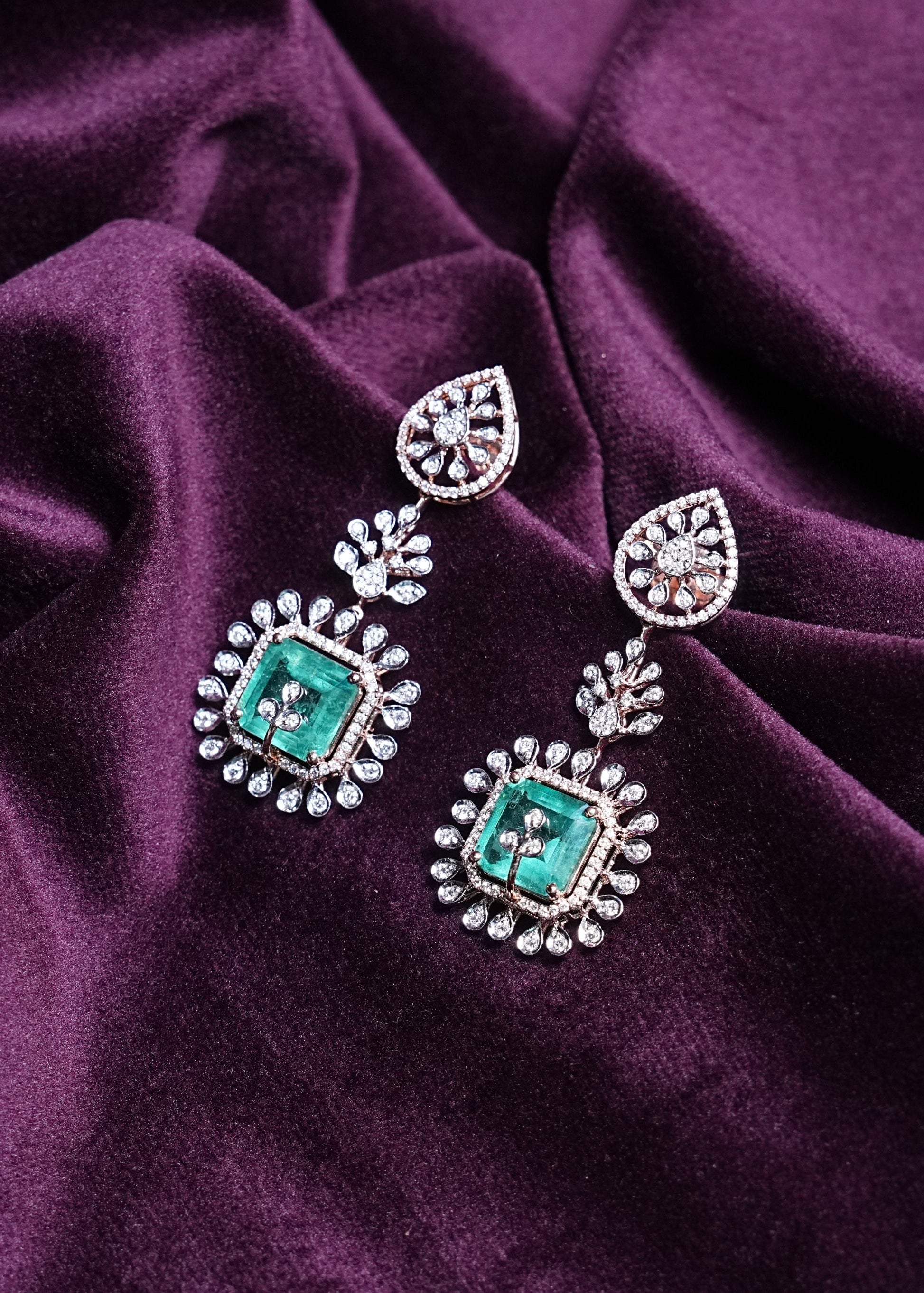 Emerald Octagon Halo Danglers with Marquise Sunburst Frame Earrings