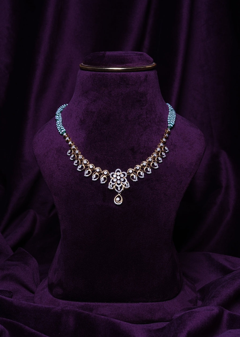 Lab Grown Diamond Floral Rosette Manga Malai with Green Sapphires & Fresh Water Pearls Necklace