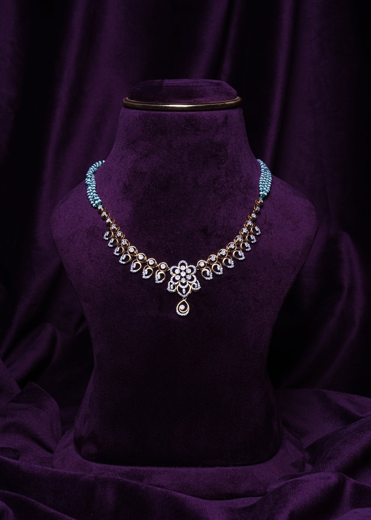 Lab Grown Diamond Floral Rosette Manga Malai with Green Sapphires & Fresh Water Pearls Necklace