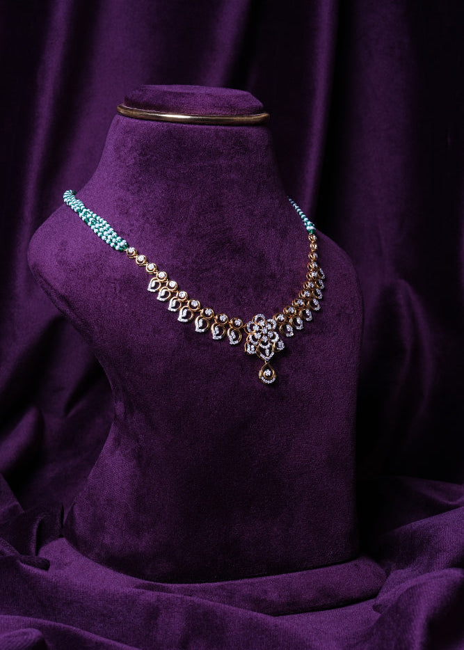 Lab Grown Diamond Floral Rosette Manga Malai with Green Sapphires & Fresh Water Pearls Necklace