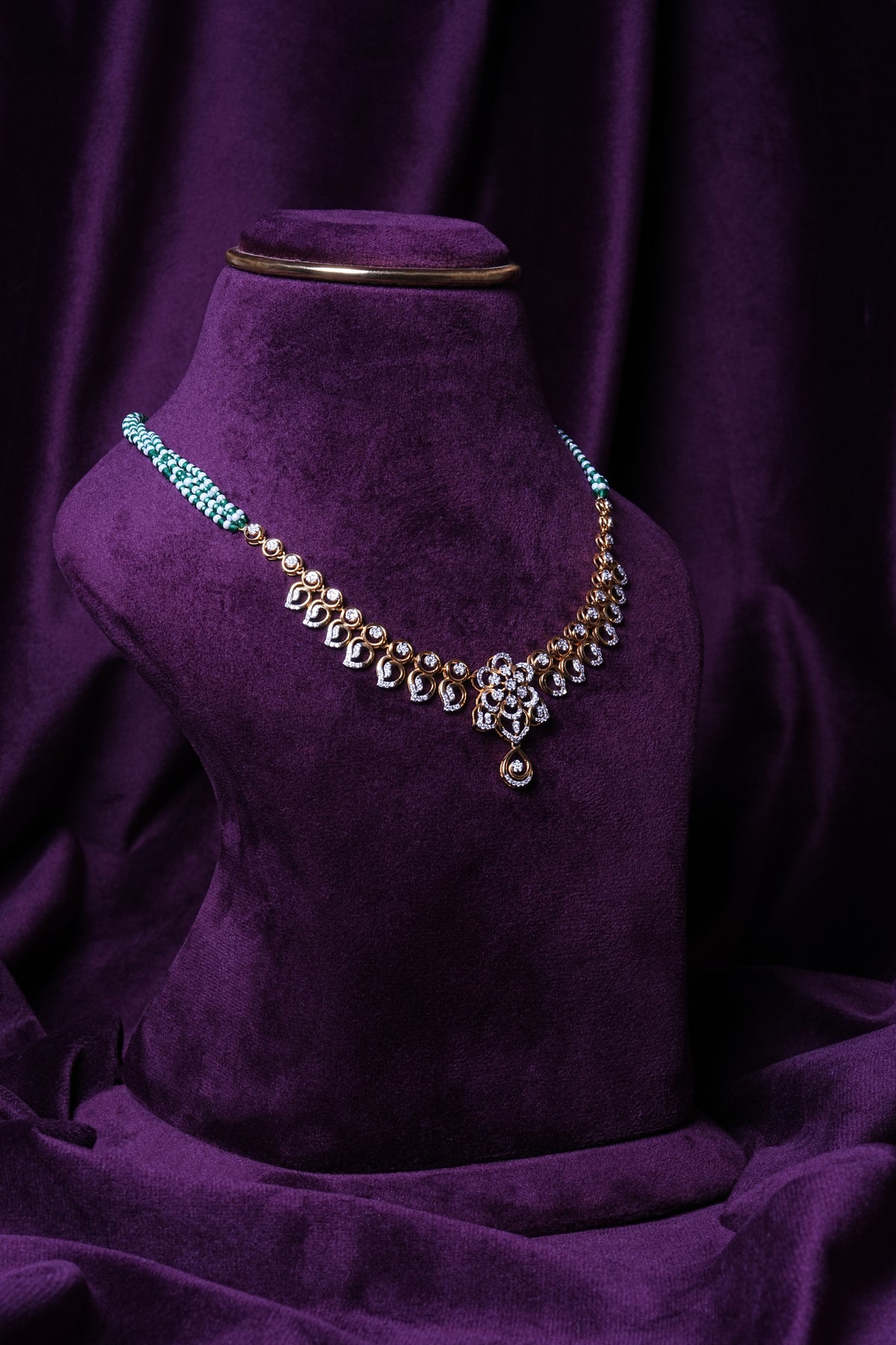 Lab Grown Diamond Floral Rosette Manga Malai with Green Sapphires & Fresh Water Pearls Necklace