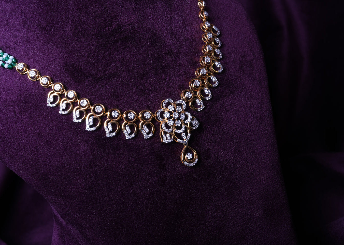 Lab Grown Diamond Floral Rosette Manga Malai with Green Sapphires & Fresh Water Pearls Necklace