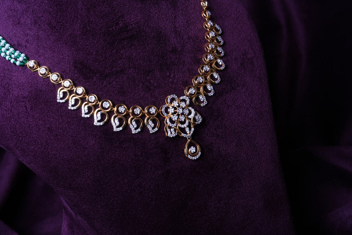 Lab Grown Diamond Floral Rosette Manga Malai with Green Sapphires & Fresh Water Pearls Necklace