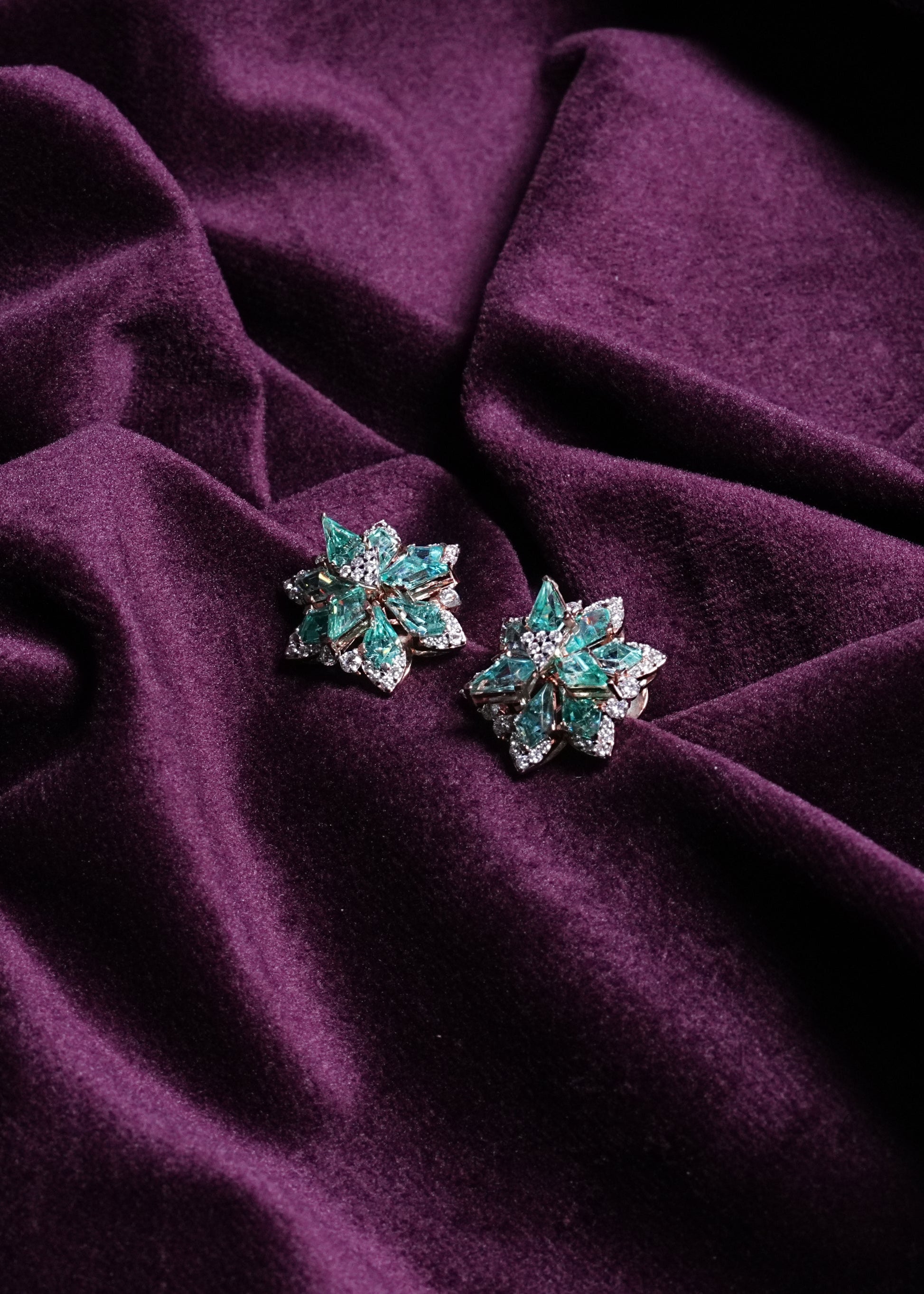 Lab Grown Diamond Floral Starburst Studs with Marquise Emerald Snowflake Clusters