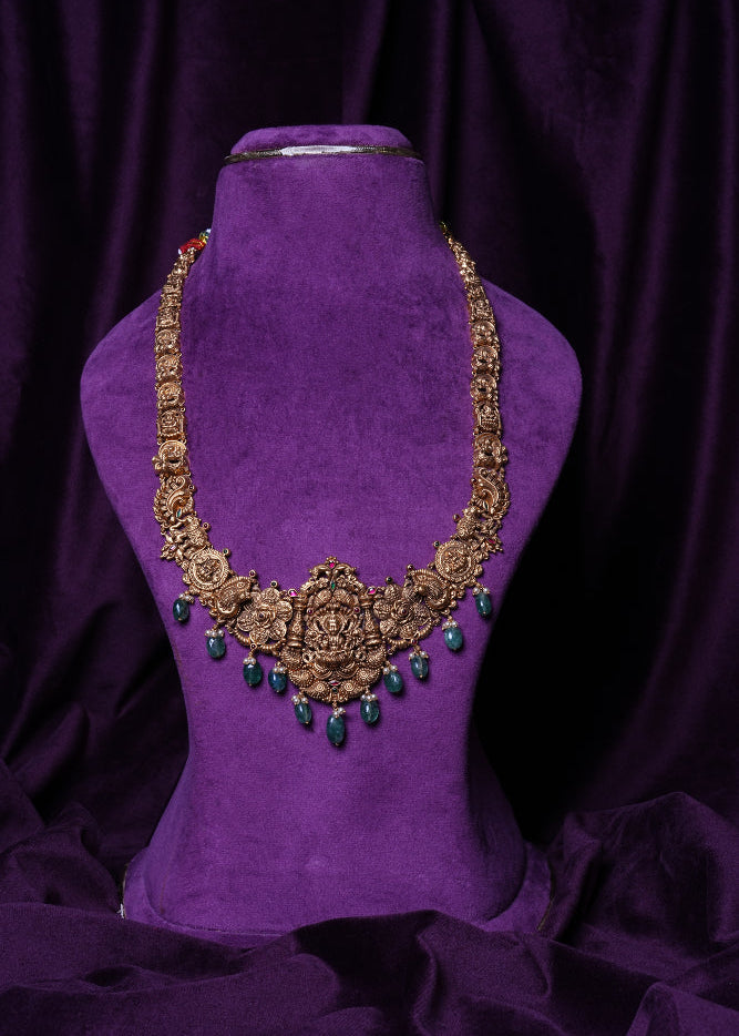 Gold Goddess Lakshmi Antique with Emerald Drop Temple Haram