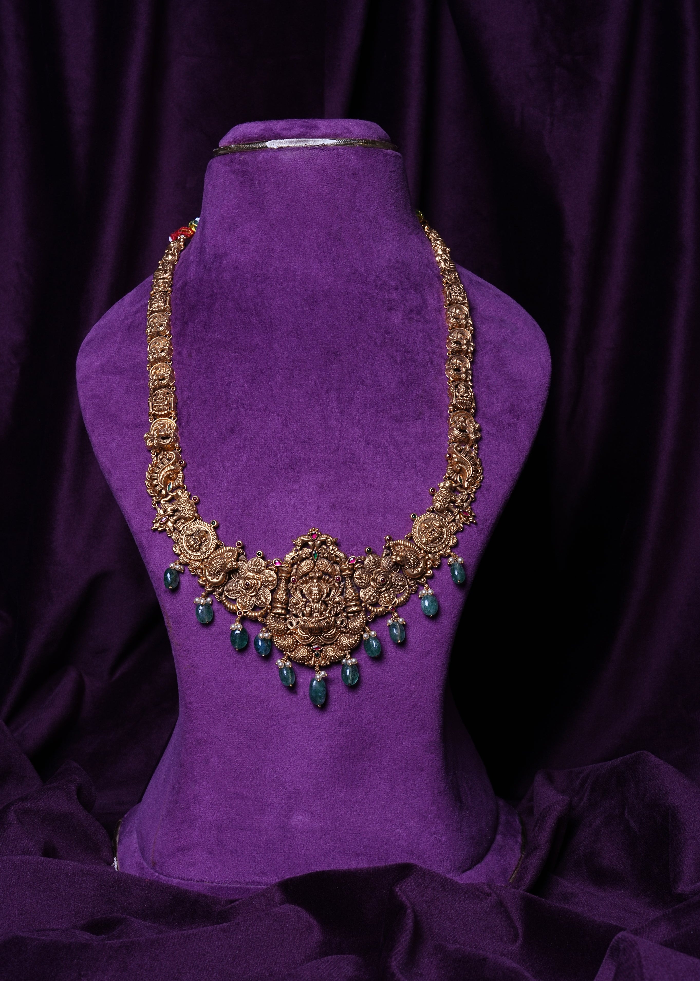 Gold Goddess Lakshmi Antique with Emerald Drop Temple Haram