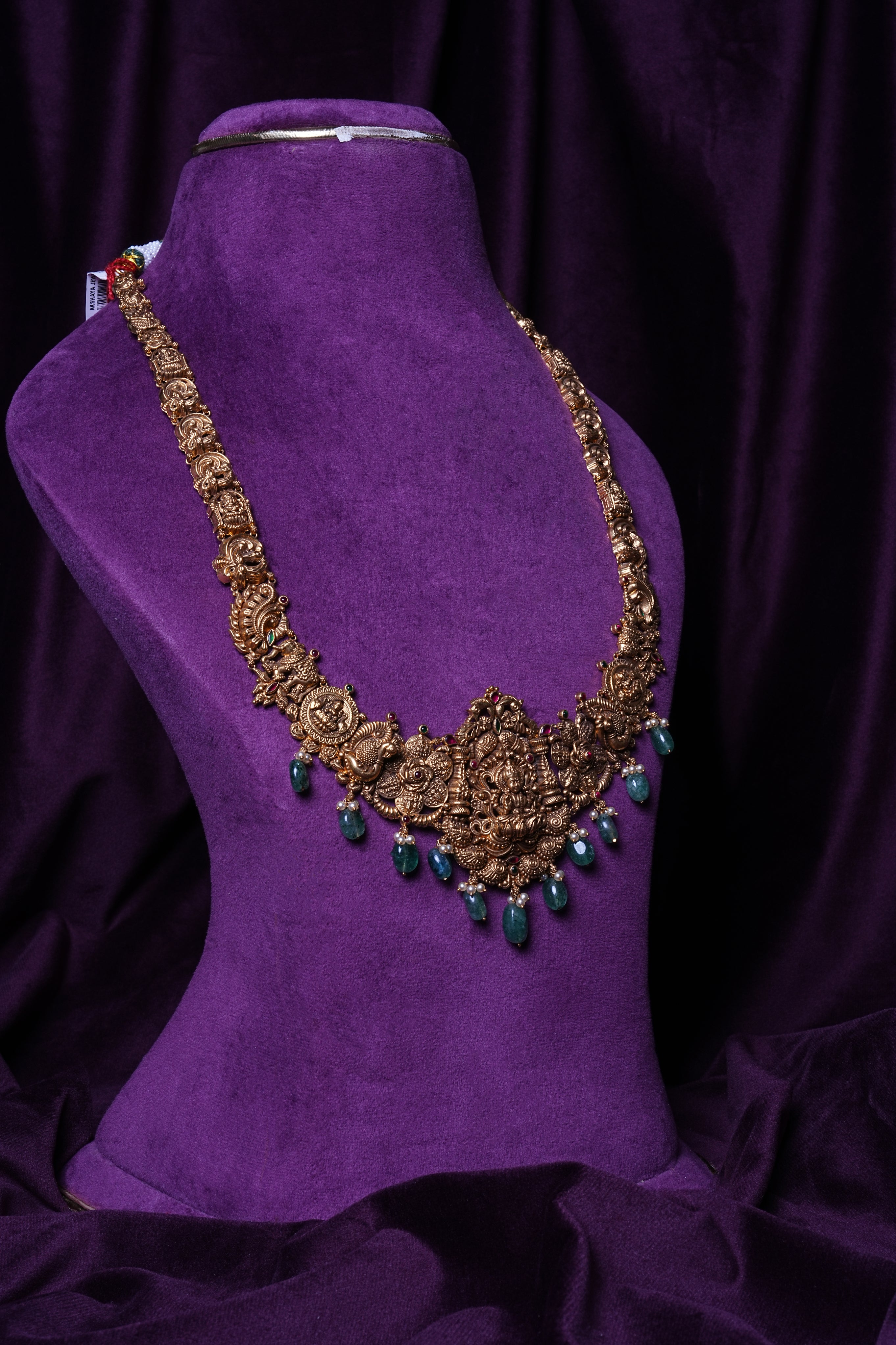 Gold Goddess Lakshmi Antique with Emerald Drop Temple Haram