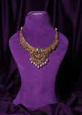 Nagas Addigai Goddess Lakshmi Nakshi Collar Temple Necklace with Emerald Green Cabochon Stone and South Sea Pearls